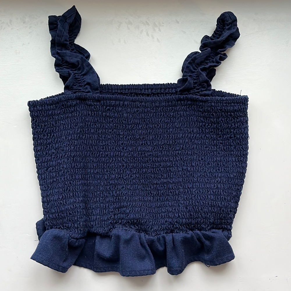 Whiskey Grade Navy Blue ruffle cropped tank top
